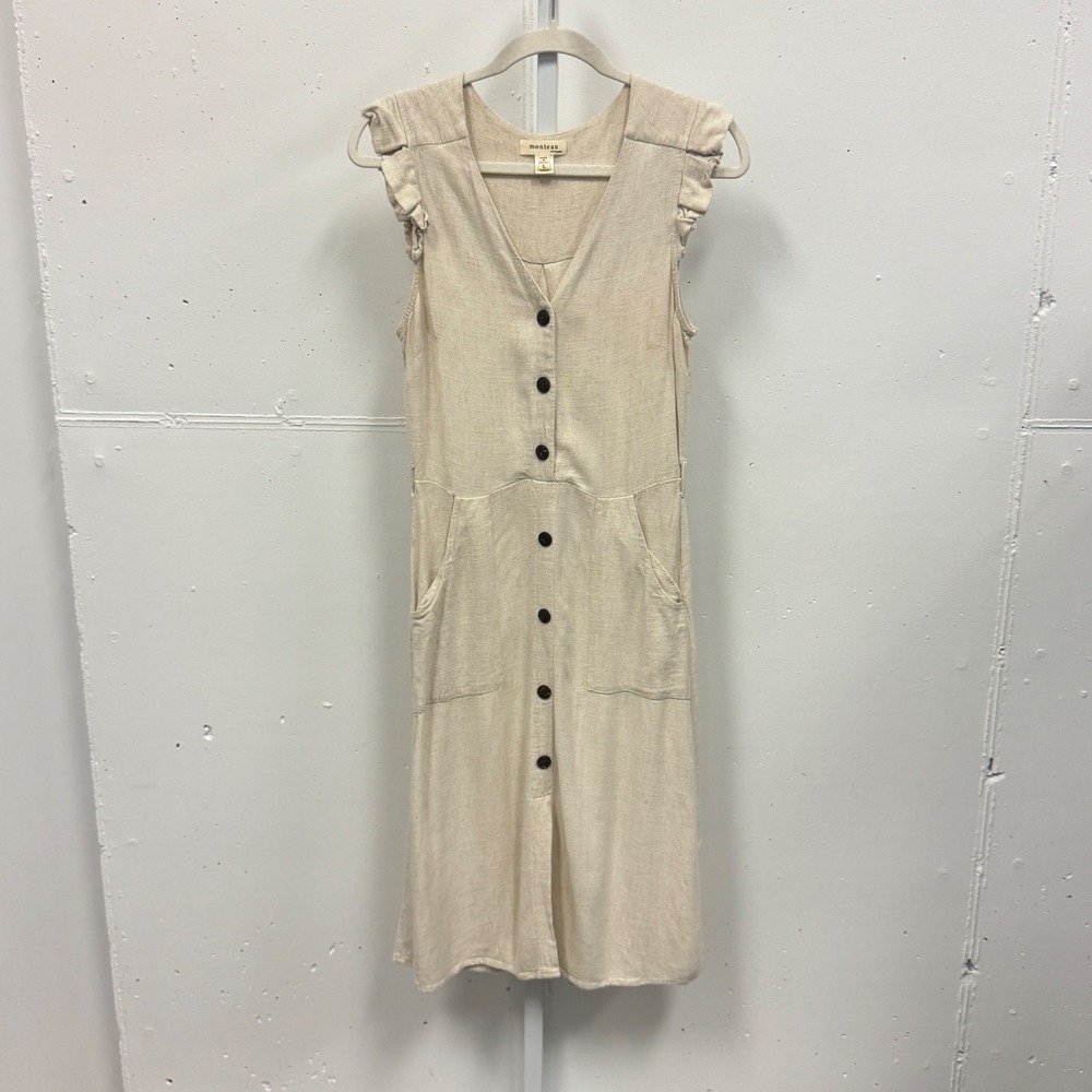 Monteau Los Angeles Linen Blend Ruffle Sleeve Button Front Midi Dress Beige Lg